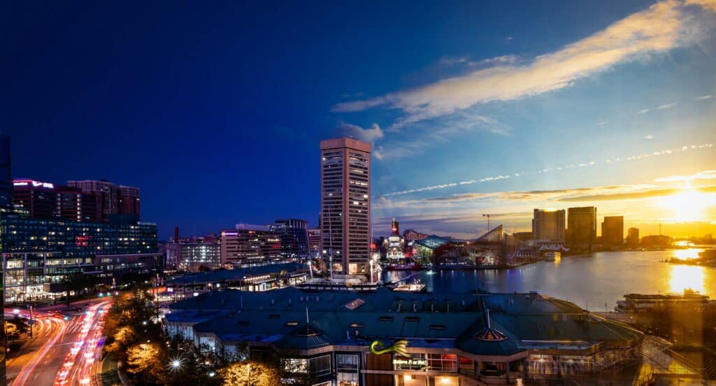 Downtown Baltimore skyline with modern architecture, representing a thriving warehouse recruiter and logistics hub