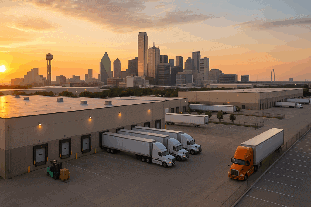 Dallas warehouse recruiters — distribution center with trucks, loading docks, and Dallas skyline at sunrise